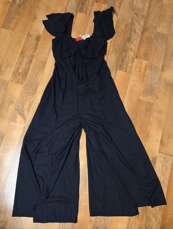 True Destiny Pants - True Destiny Boho Palazzo  Leg Gauze Ruffled Tie-Front Jumpsuit  Black XL NWT